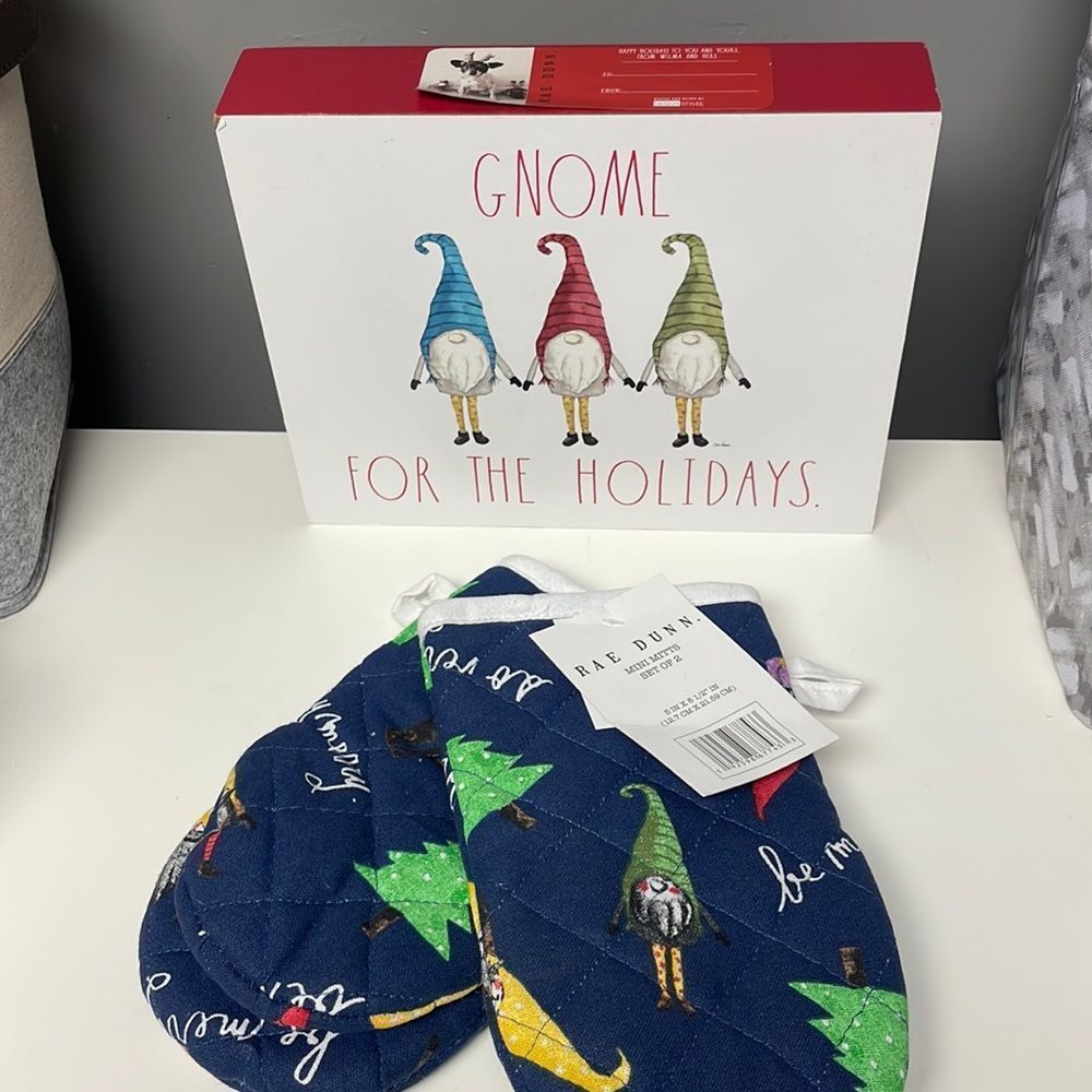 Rae Dunn mitts and gnome stand